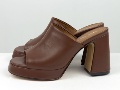 Дизайнерские сабо коричневого цвета на матовом каблуке из натуральной итальянской кожи, С-2316-03