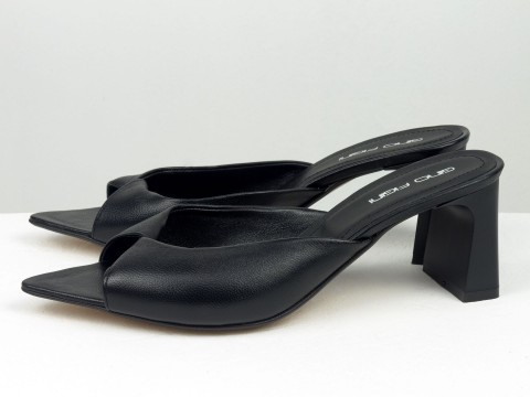 Дизайнерські сабо чорного кольору на матових підборах з натуральної італійської шкіри,С-2319-01