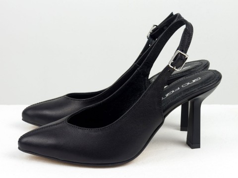 Черные туфли с открытой пяткой из кожи на шпильке ,  С-1909-08