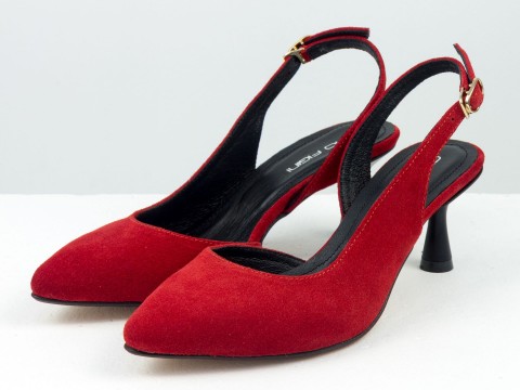 Червоні  туфлі з натуральної замші з відкритою п'ятою на підборі рюмочка 