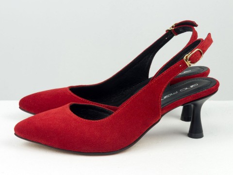 Червоні туфлі з натуральної замші з відкритою п'ятою на підборі рюмочка ,Т-2305-08