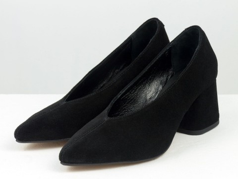 Дизайнерські туфлі-рукавички на невисокому підборі з натуральної італійської замші чорного кольору, Т-2050-13