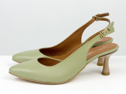 Оливковые туфли из натуральной кожи капучино  с открытой пяткой, Т-2305-10