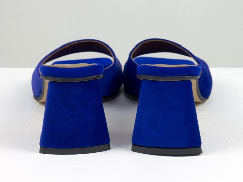 Дизайнерські шльопанці синього кольору на обтяжних підборах з натуральної італійської замші, С-2216-10