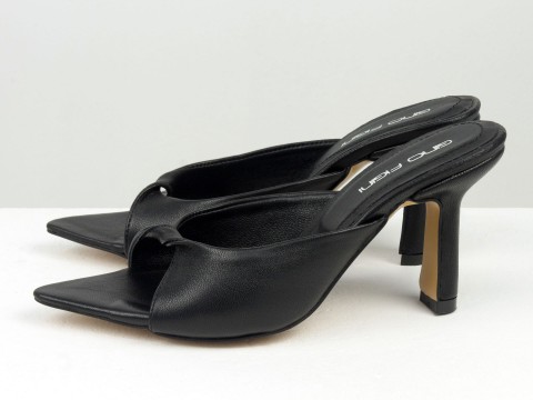 Дизайнерские сабо черного цвета на матовом каблуке из натуральной итальянской кожи,С-2304-03
