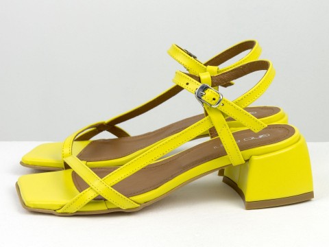 Дизайнерские желтые босоножки на каблуке из натуральной итальянской кожи, С-2141-10