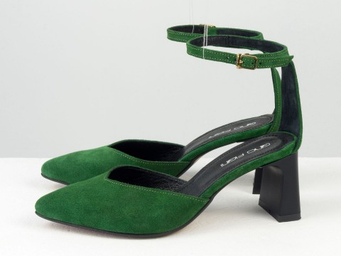 Класичні зелені туфлі з натуральної замші на стійкому підборі, Т-2306-01
