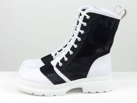 Ексклюзивні черевики з натуральної білої шкіри з чорною сіткою та шнурівкою, Б-2239-03