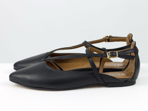 Женские черные туфли на низком ходу из натуральной кожи с ремешками и застежкой, С-2223-08