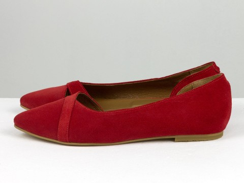 Жіночі туфлі на низькому ходу з натуральної замші червоного кольору, С-2224-04