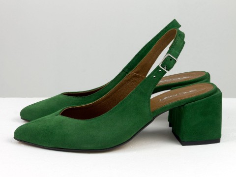 Зеленые туфли с открытой пяткой из замши на каблуке, С-1909/1-18