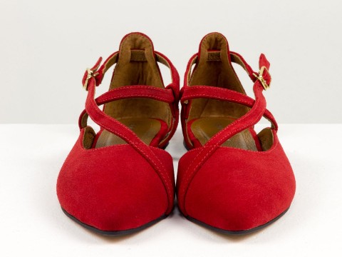Жіночі червоні туфлі на низькому ходу з натуральної замші з ремінцями та застібкою, С-2223-07
