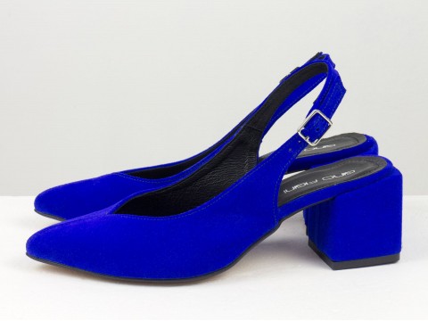 Синие туфли с открытой пяткой из замши на каблуке, С-1909/1-23