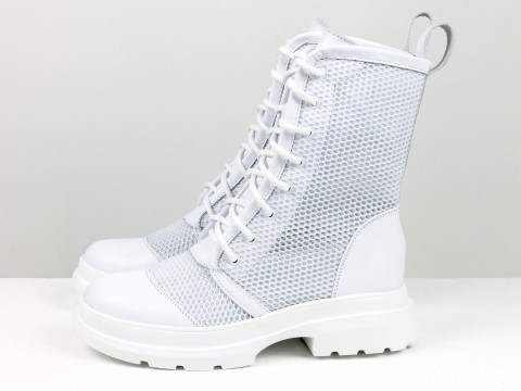 Высокие  ботинки из  натуральной белой кожи с сеткой и шнуровкой, Б-2239-02
