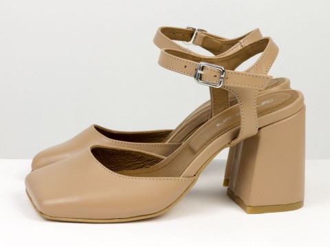 Дизайнерские бежевые босоножки на обтяжном каблуке из натуральной итальянской кожи с открытой пяткой, С-2401-03