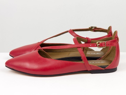 Жіночі червоні туфлі на низькому ходу з натуральної шкіри з ремінцями та застібкою, С-2223-13