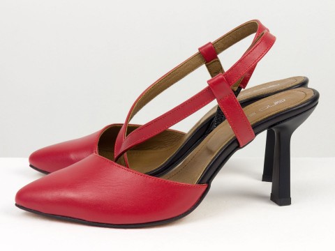 Красные босоножки с открытой пяткой из  натуральной кожи на квадратном каблуке рюмочка,  С-2419-02