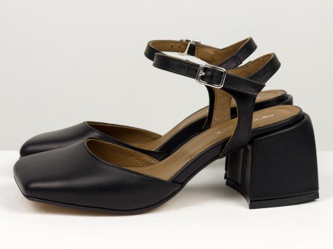 Дизайнерские черные босоножки на обтяжном каблуке из натуральной итальянской кожи с открытой пяткой, С-2401-04