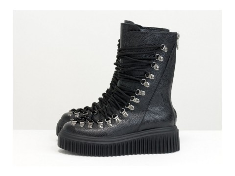 Высокие ботинки из натуральной черной кожи флотар на утолщенной подошве со шнуровкой, Б-2185-01