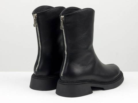 Жіночі черевики з натуральної чорної шкіри на полегшеній підошві з блискавкою, Б-2232-01