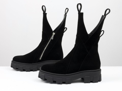 Жіночі чорні високі черевики з натуральної замші асиметричного крою, Б-2104-05.