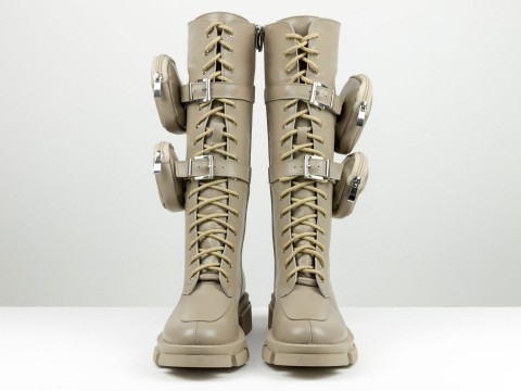 Жіночі спортивні черевики з натуральної бежевої шкіри на шнурівці з кишенями збоку, Б-2085-04