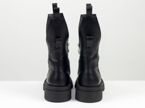 Жіночі чорні високі черевики з натуральної шкіри асиметричного крою, Б-2104-07