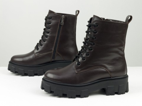 Класичні черевики з натуральної коричневої шкіри на тракторній підошві зі шнурівкою та блискавкою, Б-2196-09