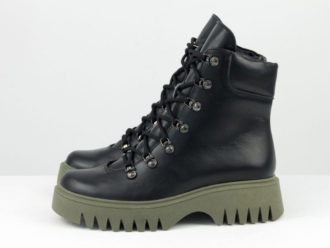 Классические ботинки из натуральной черной кожи на утолщенной подошве цвета хаки со шнуровкой , Б-2234-03