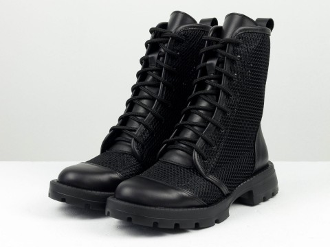 Завищені чорні черевики з натуральної чорної шкіри з сіткою та шнурівкою, Б-2239-01