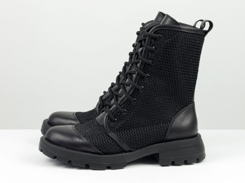 Высокие  ботинки из  натуральной черной кожи с сеткой и шнуровкой, Б-2239-01