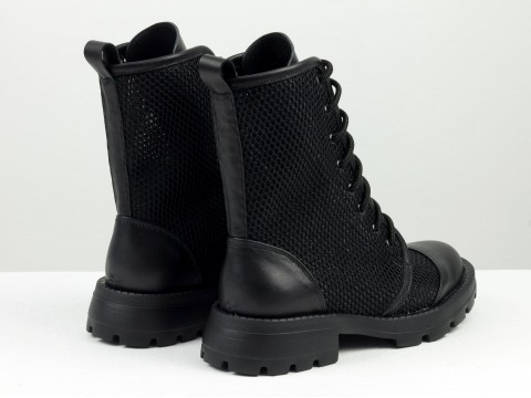 Завищені чорні черевики з натуральної чорної шкіри з сіткою та шнурівкою, Б-2239-01