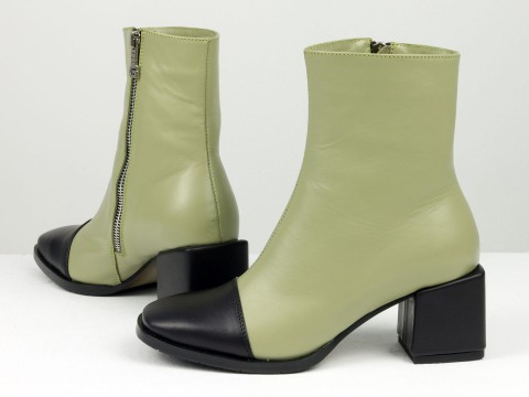 Жіночі черевики з натуральної оливкової шкіри з чорним носиком, Б-2086-08