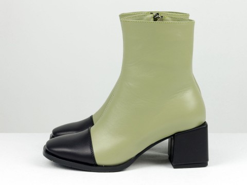 Женские классические ботинки сочетания оливковой и черной натуральной кожи, Б-2086-08