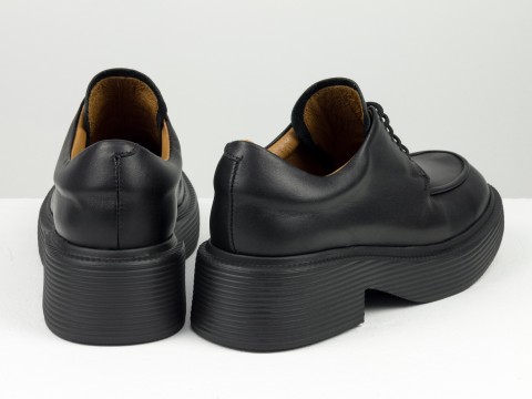 Жіночі чорні туфлі дербі на полегшеній  підошві з натуральної чорної шкіри, Т-2046-13