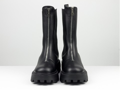 Жіночі черевики високі челсі з натуральної чорної шкіри з гумками та блискавкою на тракторній підошві, Б-2184-02