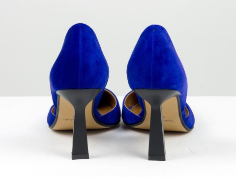 Дизайнерські сині туфлі-човники на невисокому підборі  з натуральної італійської замші, Т-2233-01