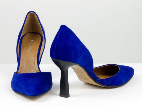 Дизайнерські сині туфлі-човники на невисокому підборі  з натуральної італійської замші, Т-2233-01