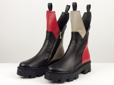 Жіночі чорні високі черевики з натуральної шкіри асиметричного крою, Б-2104-01.