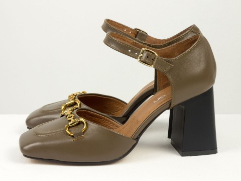 Дизайнерские босоножки на необтяжном каблуке из натуральной итальянской кожи коричневого цвета с золотой фурнитурой, С-2211-19