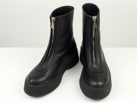 Завищені чорні черевики з натуральної шкіри з блискавкою, Б-2103-06