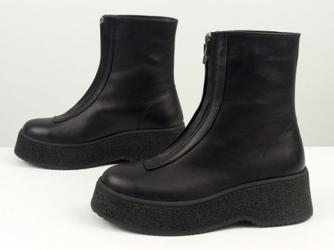Завищені чорні черевики з натуральної шкіри з блискавкою, Б-2103-06