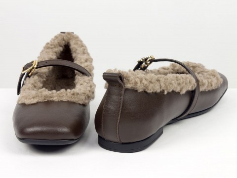 Женские теплые балетки низкого хода из натуральной кожи коричневого цвета и мехом «тедди» Gino Figini