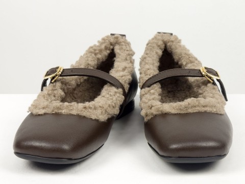 Женские теплые балетки низкого хода из натуральной кожи коричневого цвета и мехом «тедди» Gino Figini