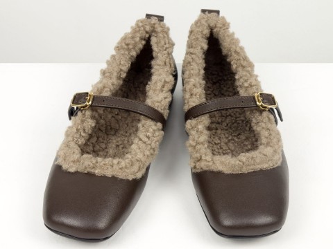 Женские теплые балетки низкого хода из натуральной кожи коричневого цвета и мехом «тедди» Gino Figini