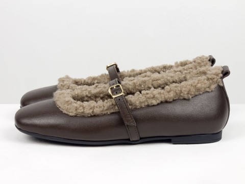 Женские теплые балеткинизкого хода из натуральной кожи коричневого цвета и мехом «тедди» Gino Figini
