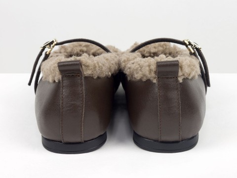 Женские теплые балетки низкого хода из натуральной кожи коричневого цвета и мехом «тедди» Gino Figini