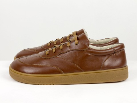 Женские анатомичные  кеды из натуральной кожи коричнево-рыжего цвета с перфорацией Gino Figini