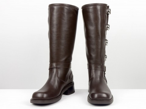 Жіночі  шкіряні жіночі чоботи з пряжками шоколадного кольору Gino Figini