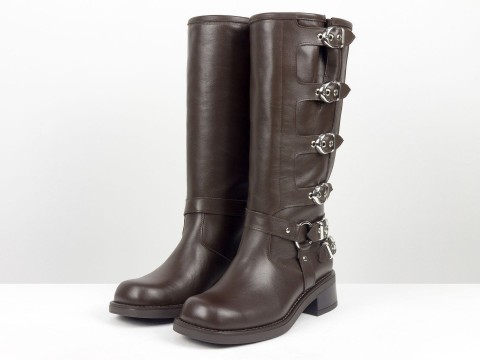 Жіночі  шкіряні жіночі чоботи з пряжками шоколадного кольору Gino Figini